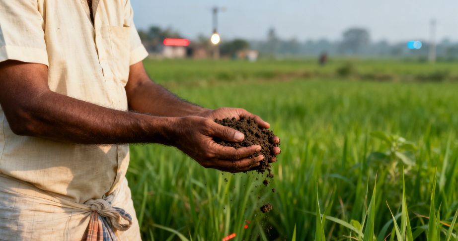 Farmer collecting soil sample for soil testing and nutrient analysis