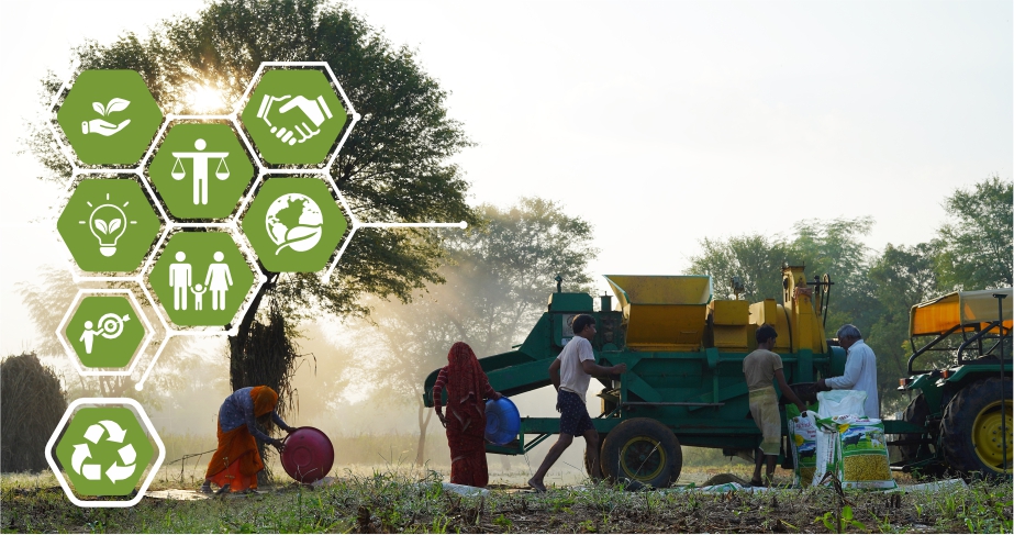 Farmers using shared agricultural machinery through custom hiring center